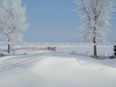 Image of snowy countryside with a snow fence.