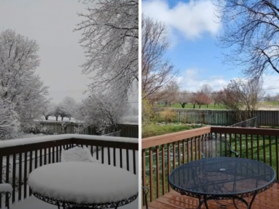 Image of a patio taken in two different weather conditions.