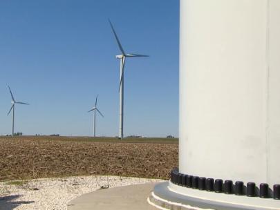 Image of wind turbines in a field.