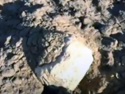 Large rock exposed in a tilled field.