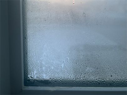 Condensation droplets on the interior of a window.
