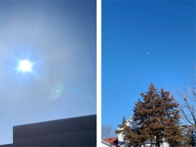 Side by side photo. The left side is the sun in the sky. The right side is of the moon during the daytime.