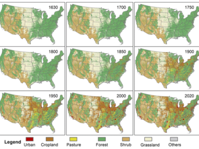 Maps showing changes in land use in the United States in 1640